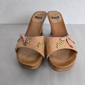 Stuart Weitzman Wedge Mules Dalmatian Print Peach Leather Bow Detail Wooden Sole